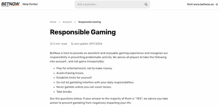 A screenshot of the responsible gambling section at BetNow, one of the best sites for Super Bowl betting lines.